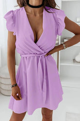 Ruffles V Neck Bleted Mini Dress