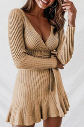 V Neck Ruffles Hem Sweater Dress