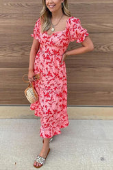 Hot Pink Floral Puff Sleeve Midi Dress