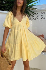 V Neck Puff Sleeve Mini Dress