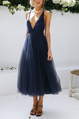 Plunging Neck Backless Mesh Midi Dress