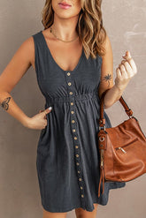 V Neck Button Pockets Tank Dress