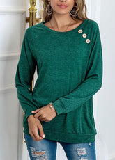 Button Solid Color Round Neck Long Sleeve Shirt
