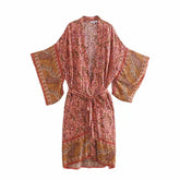 Boho Robe, Kimono Robe, Beach Cover up, Feather Paisley in Pink