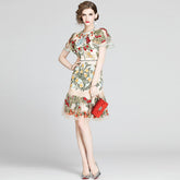 Boho Vintage Party Dress - Mini Dress Embroidered Arabella Rose in White Apricot
