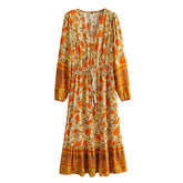 Boho Maxi Dress, Gown, Floral and Sand in Orange
