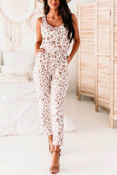 Leopard Button Sleeveless Jumpsuits