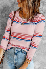 Pink Stripe Print Crew Neck Top