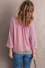 Pink Frill Neck Swiss Dot Blouse