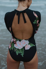 Print Long Sleeve Backless One Piece Swimwear