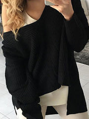 Loose V-neck Solid Color Knitted Sweater