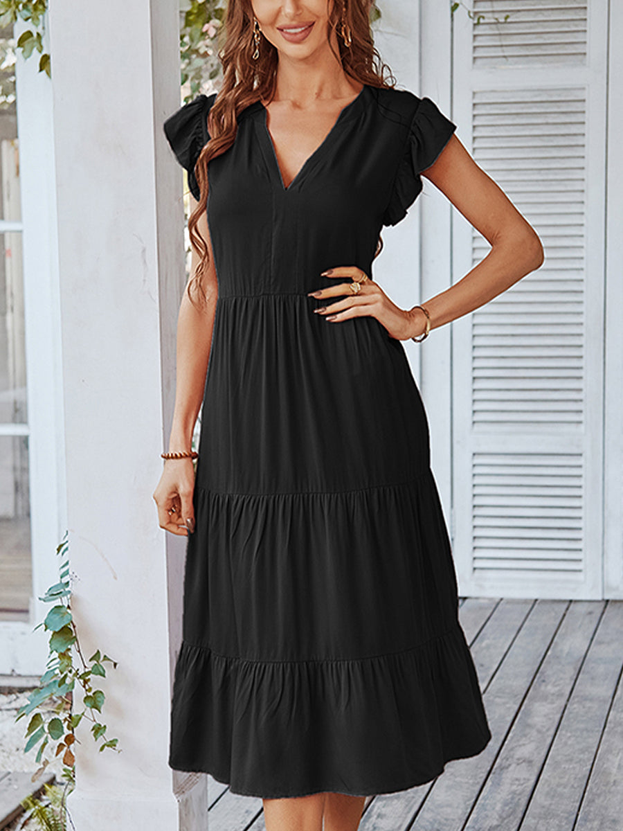Women's Dresses V Neck Sexy Solid Color Casual Fly Sleeve Midi Dress