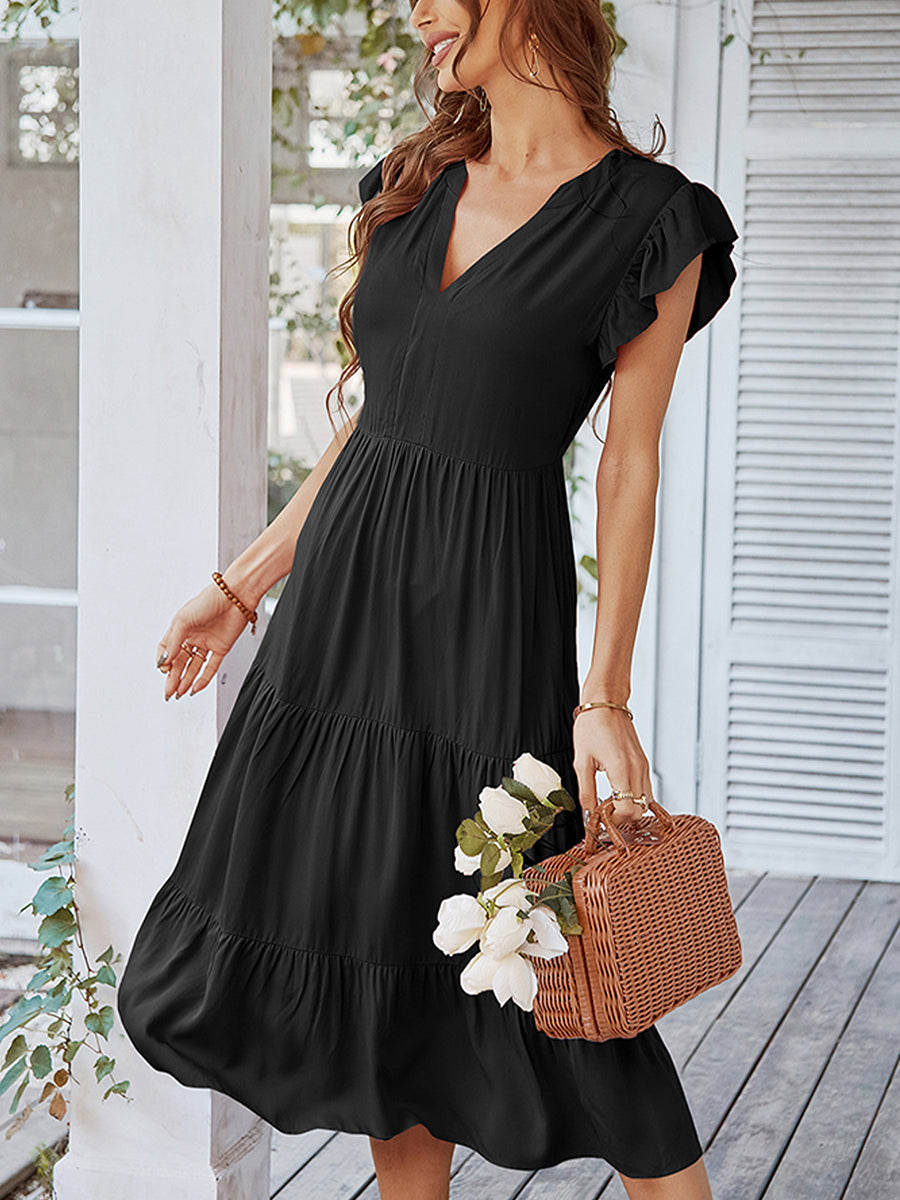 Women's Dresses V Neck Sexy Solid Color Casual Fly Sleeve Midi Dress