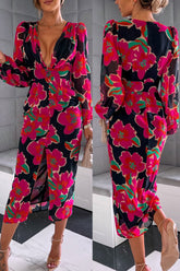 V Neck Puff Sleeve Slit Midi Dress