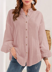 Button Puff Sleeve Solid Color Blouse