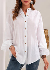 Button Puff Sleeve Solid Color Blouse