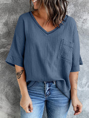 Women's T-Shirts Fashion Solid Color V Neck Mid Sleeve T-Shirt