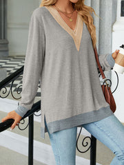 Lace V Neck Color Contrast Slit Loose Long Sleeved Blouse