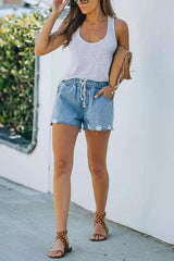 Raw Edge Drawstring Denim Shorts