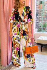 Print V Neck Bat Drawstring Jumpsuits