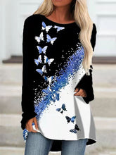 Fashion Round Neck Butterfly Print Loose Blouse Top
