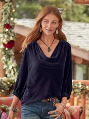 Women's T-Shirts Gold Velvet Pile Neck Pleated Long Sleeve T-Shirt