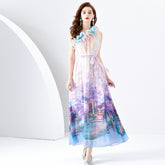 Bohemian Vacation Floral Patchwork Oblique Collar Beach Dress Dresses