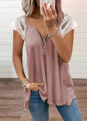 Patchwork Zipper V Neck Short Sleeve T-shirt
