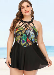 Cross Straps Printed Swimdress And Panty