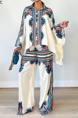 Print Bat Blouse Loose Pants Set