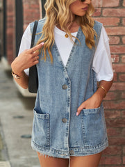 Women's Tank Tops Denim Trend Single Breasted Button Sleeveless Tank Top