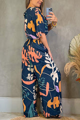 Print V Neck Bat Drawstring Jumpsuits