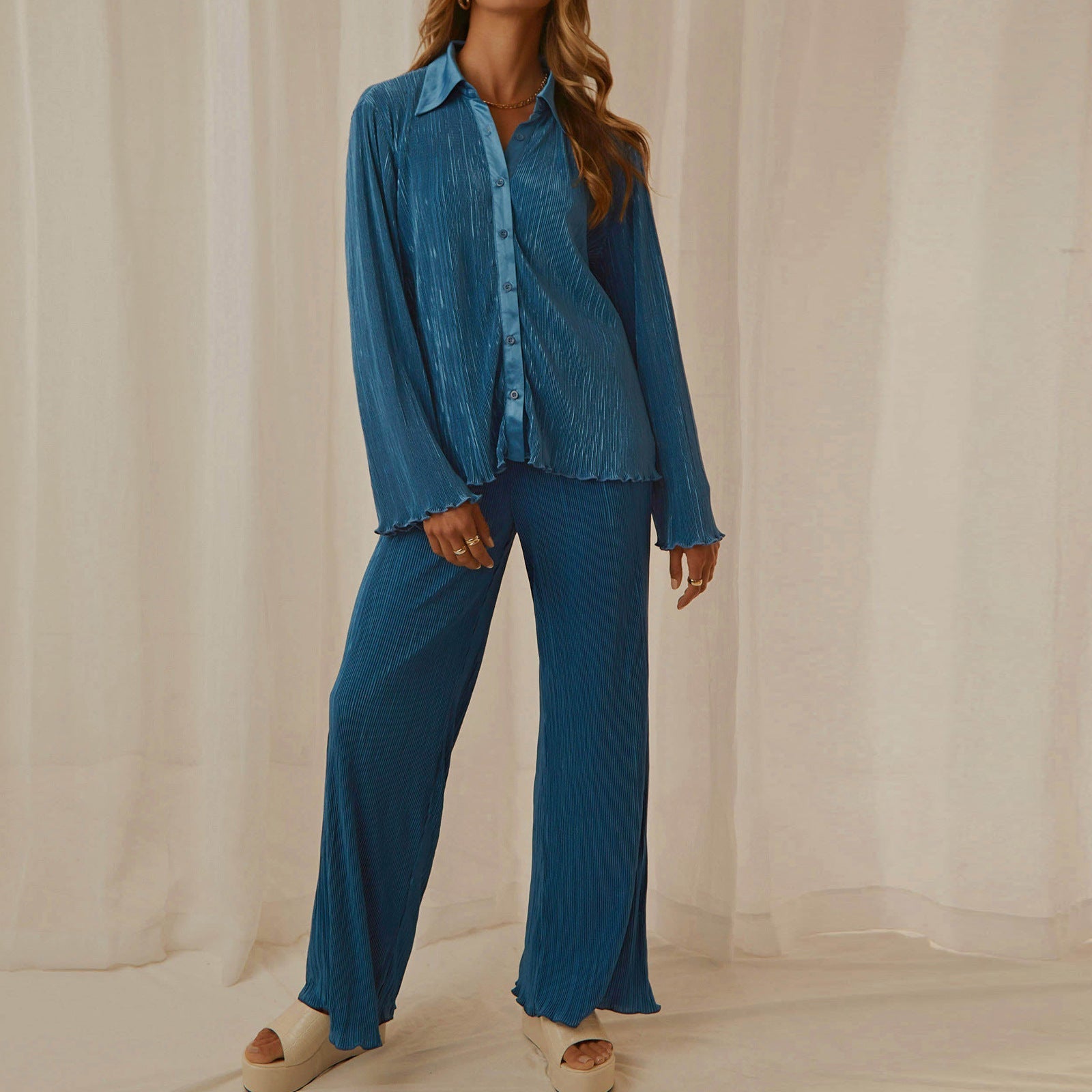 Two Pieces Long Sleeve Oversize Top Wide Leg Pant Set