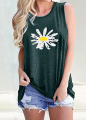 Daisy Printed Round Neck Sleeveless T-shirt