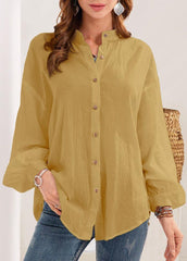 Button Puff Sleeve Solid Color Blouse