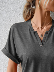 Women's T-Shirts Casual V Neck Button Loose Solid Color T-Shirt