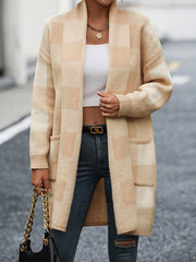 Loose Check Colorblock Knit Fashion Coat