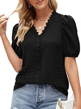 Women's T-Shirts Lace Bubble Short Sleeve V Neck T-Shirt