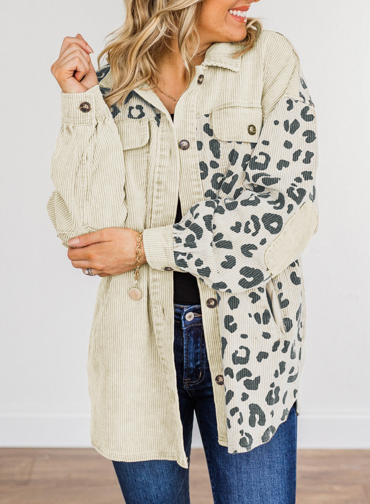 Turn Down Collar Button Long Sleeve Leopard Print Jacket