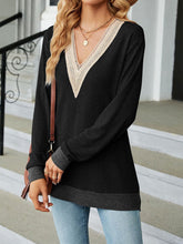 Lace V Neck Color Contrast Slit Loose Long Sleeved Blouse