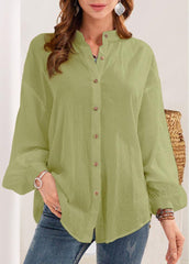 Button Puff Sleeve Solid Color Blouse