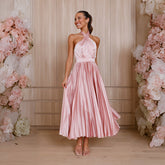 Gina Satin Halter Neck Pleated Midi Dress