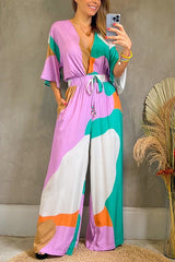 Print V Neck Bat Drawstring Jumpsuits