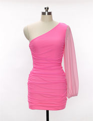 One Shoulder Mesh Long Sleeve Ruched Bodycon Dress