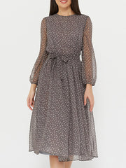 Women's Dresses Retro Chiffon Round Neck Polka Dot Long Sleeve Midi Dress