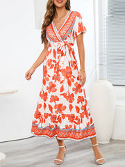 Retro Print Tie Slimming V Neck Fit Midi Dress