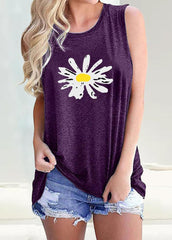 Daisy Printed Round Neck Sleeveless T-shirt