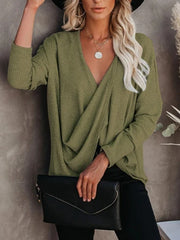 V Neck Long Sleeve Cross Front Plunging Loose Knit Tops