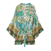 Boho Short Kimono Robe, Special Price, Dolores in Green, Brown and Black