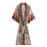 Boho Robe, Kimono Robe, Beach Cover up, Beige Flamingo